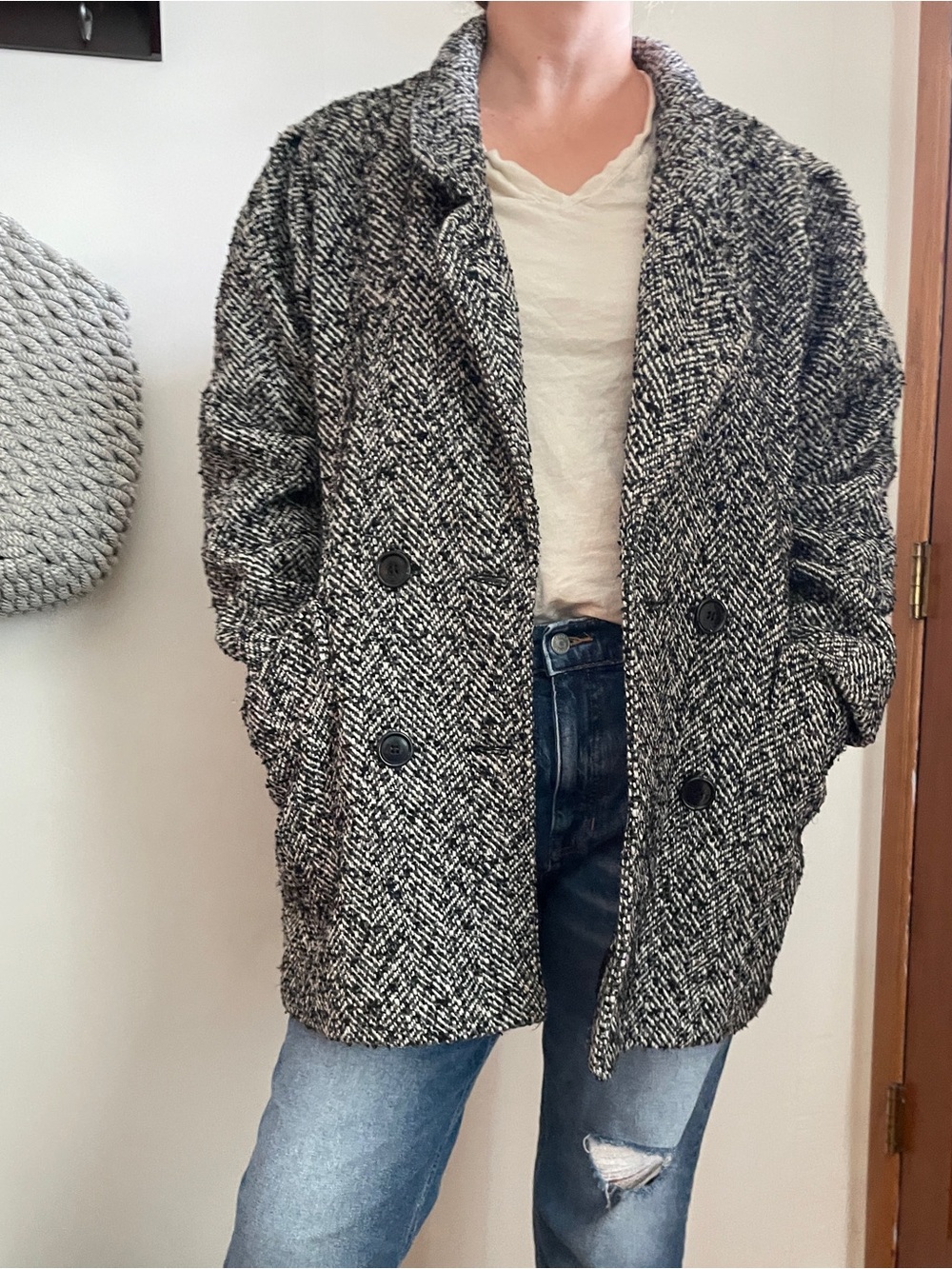 Vintage Y2K Black & White Herringbone Double-Breasted Coat pea coat style